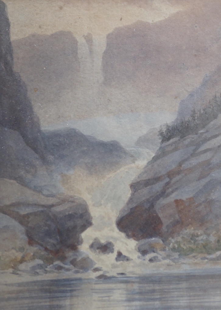 T Hart (19th / 20th. C) set of three watercolours, Waterfalls and Continental harbour scene, each signed, 23 x 16cm